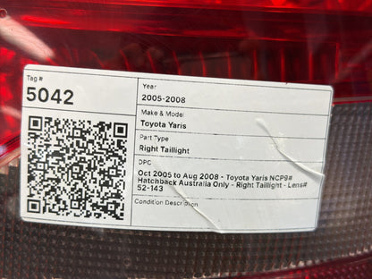 Oct 2005 to Aug 2008 - Toyota Yaris NCP9# Hatchback Australia Only - Right Taillight - Lens# 52-143
