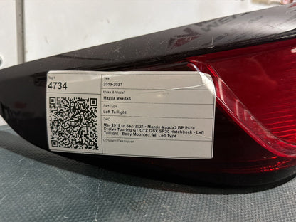 Mar 2019 to Sep 2021 - Mazda Mazda3 BP Pure Evolve Touring GT GTX GSX SP20 Hatchback - Left Taillight - Body Mounted, W/ Led Type
