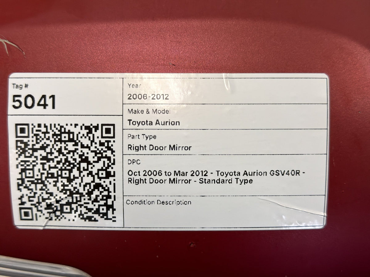 Oct 2006 to Mar 2012 - Toyota Aurion GSV40R - Right Door Mirror - Standard Type