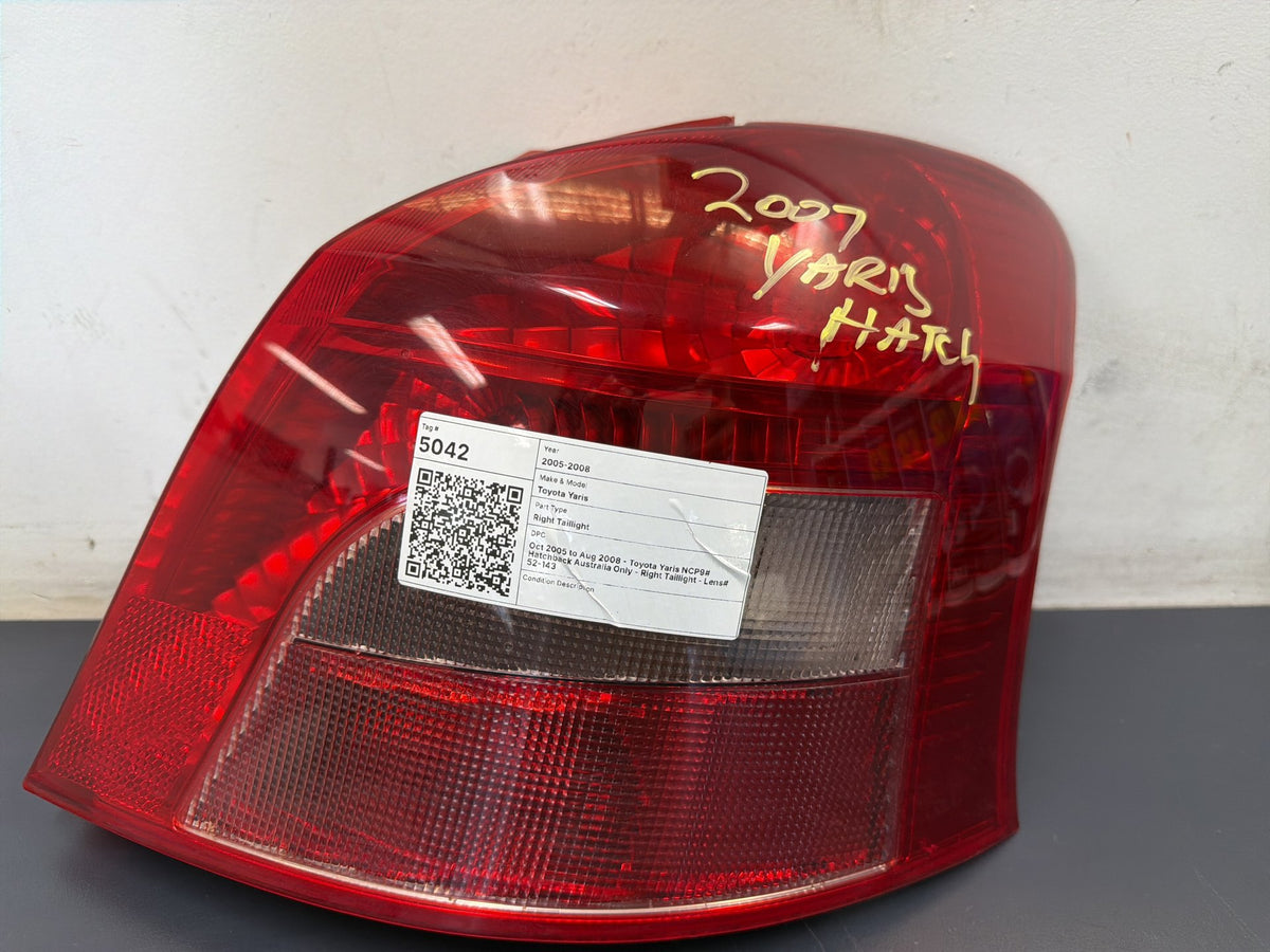 Oct 2005 to Aug 2008 - Toyota Yaris NCP9# Hatchback Australia Only - Right Taillight - Lens# 52-143