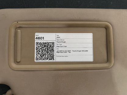 Jan 2001 to Apr 2007- Toyota Kluger MCU28R- Right Sun Visor- Tan