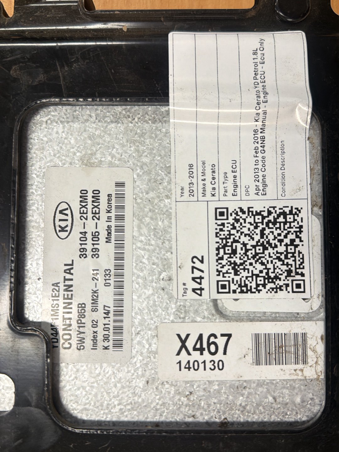Apr 2013 to Feb 2016 Kia Cerato YD Petrol 1.8L Engine Code G4NB Manual Ecu Only
