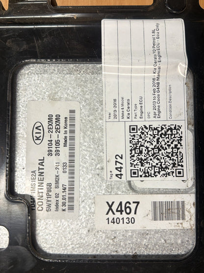 Apr 2013 to Feb 2016 Kia Cerato YD Petrol 1.8L Engine Code G4NB Manual Ecu Only