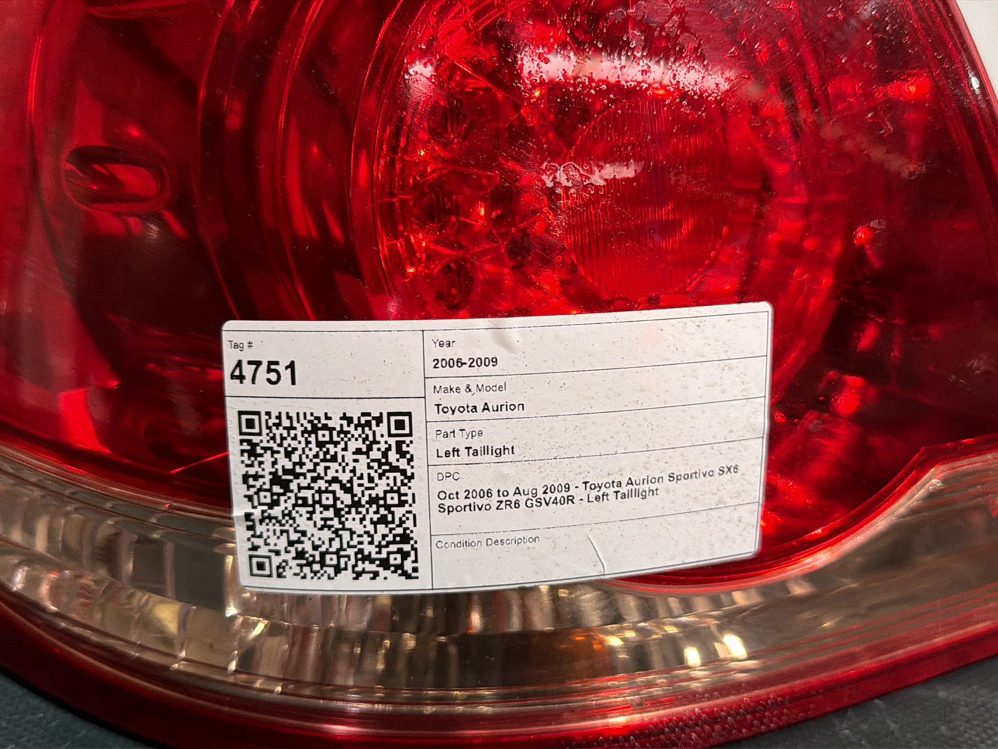 Oct 2006 to Aug 2009 - Toyota Aurion Sportivo SX6 Sportivo ZR6 GSV40R - Left Taillight