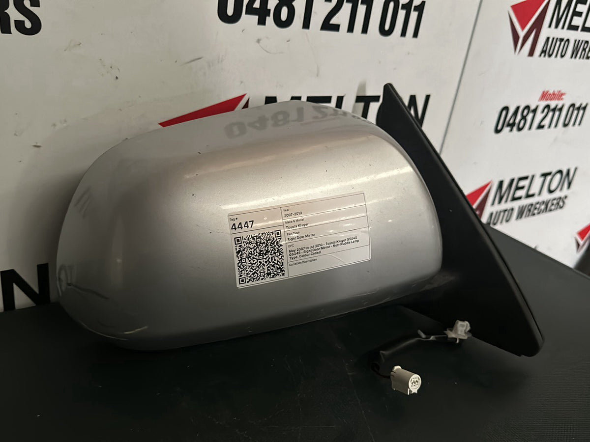 May 2007 to Jul 2010- Toyota Kluger GSU40 GSU45- Right Door Mirror- Non-Puddle Lamp Type, Colour Coded