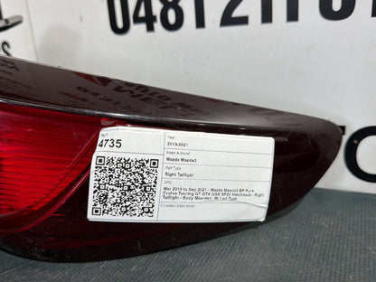 Mar 2019 to Sep 2021 - Mazda Mazda3 BP Pure Evolve Touring GT GTX GSX SP20 Hatchback - Right Taillight - Body Mounted, W/ Led Type