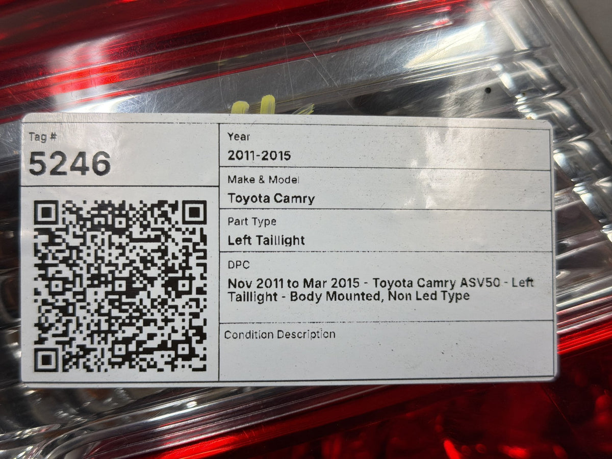 Nov 2011 to Mar 2015 - Toyota Camry ASV50 - Left Taillight - Body Mounted, Non Led Type